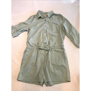 Cabi Alexa Romper Shorts Button Down Blue Green 3/4 Roll Tab Sleeves Sz M
